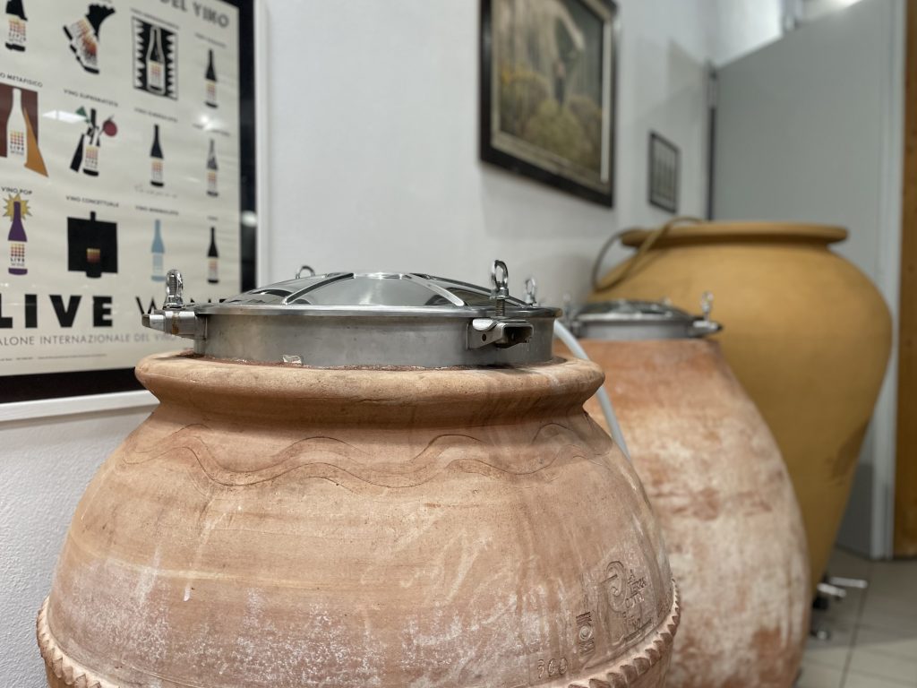 Anfore in terracotta per il "A di Anfora" Moscato dell’A di Anfora di Palazzo Tronconi viene raccolta ad ottobre. Gli acini fanno macerazione pellicolare per circa 40 giorni (dipende dall'annata). Fermentazione e affinamento avvengono in anfora in terracotta.